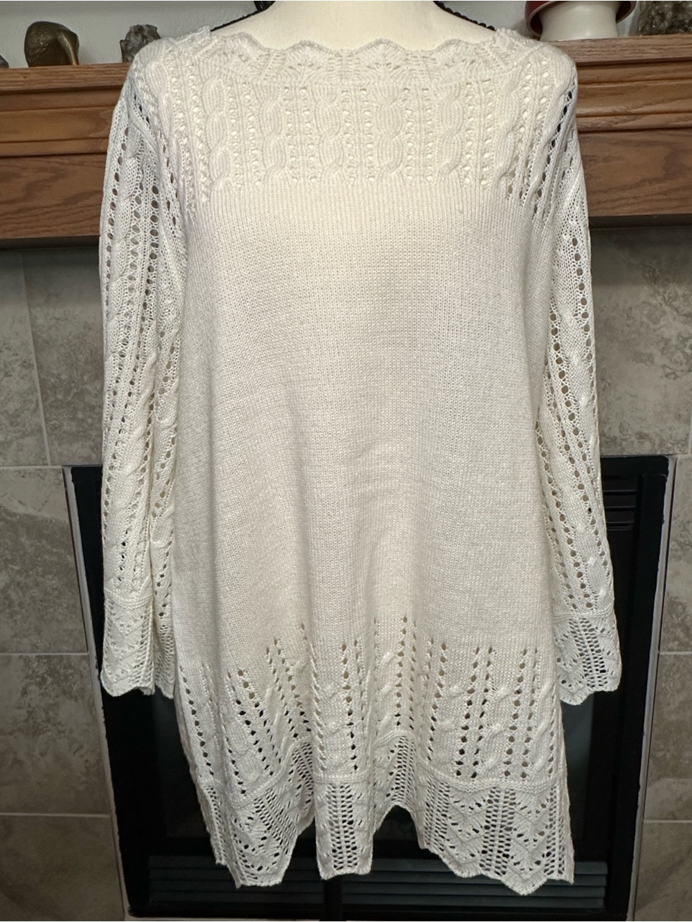 Boho Open Knit White Sweater Pointelle Wide Sleeve Top Roaman’s Size 14 / 16